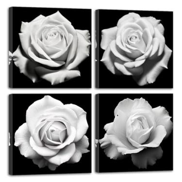 Imagem de Arte de parede preto e branco 4 peças rosa flores impressões em tela imagens florais brancas decoração de parede arte de parede contemporânea pinturas de flores para sala de estar moldura de decoração