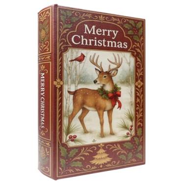 Imagem de XIAOAIKA Caixa de livro de madeira decorativa de Natal, caixas de livros falsas vintage com capa de couro, armazenamento secreto com fecho magnético, caixa de presente de feriado para decoração de