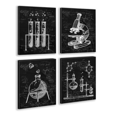 Imagem de Arte de parede de química emoldurada, decoração de parede em tela de exploração científica preto e branco, imagens de arte de sala de aula de ciências para sala de jogos de laboratório, crianças