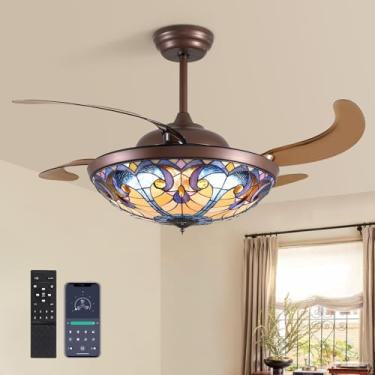 Imagem de CROSSIO Ventilador de teto Tiffany de 132 cm com lustre de vitral claro com luz Tiffany Ventilador de teto de vitral vintage de 132 cm Lustre de lâmina retrátil de LED regulável para quarto e sala de