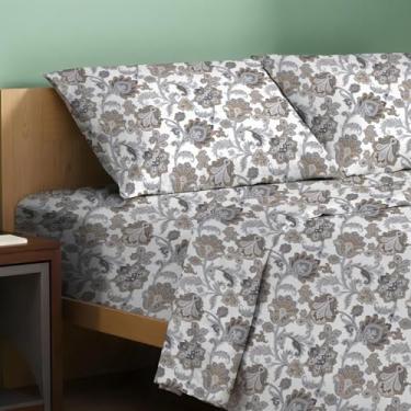 Imagem de TEXAS LINEN CO. Lençóis estampados 100% algodão orgânico tamanho casal - Conjunto completo de 4 peças de lençóis de percal de algodão orgânico (marfim floral), lençol refrescante e respirável, roupa