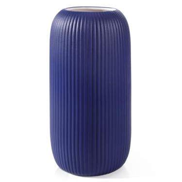 Imagem de Vaso de cerâmica branca para flores – Vaso de decoração de casa alto com nervuras para grama dos pampas, decoração de casa de fazenda, sala de estar, quarto, mesa e prateleira de cozinha (azul marinho
