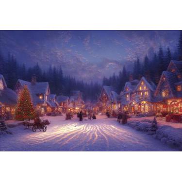 Imagem de Painel de Lona Pintura Vilarejo nas Montanhas Iluminado Decoração de N