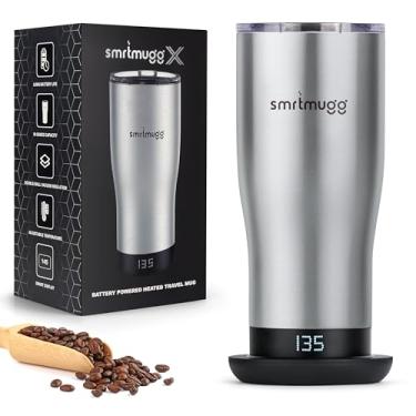 Imagem de SmrtMugg X Caneca de café aquecida de 540 ml, vida útil da bateria de 8 horas, autoaquecimento, controle de temperatura ajustável, tela LCD, inclui capa com controle deslizante magnético (preto) (aço