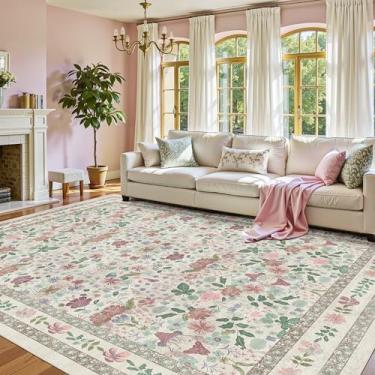 Imagem de Deerly Tapetes florais grandes, laváveis, 22 x 30 cm, para sala de estar, vintage, boho, antiderrapante, tapete macio e fino, interior para sala de jantar, berçário, casa de fazenda, bege/rosa claro
