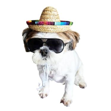 Imagem de C21 Conjunto de óculos de sol retrô para cães e gatos + chapéu de palha mexicano sombrero raças pequenas e médias 5,4 a 13,6 kg festa cosplay photoshoot adereço Halloween (preto aviador + chapéu de