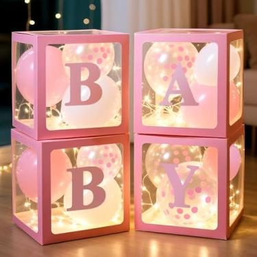 Imagem de Ledido Caixas de bebê com letras para decoração de chá de bebê, 4 peças de blocos transparentes de balões de bebê com luzes LED de cordão de fadas, 38 balões para meninos e meninas, festa de