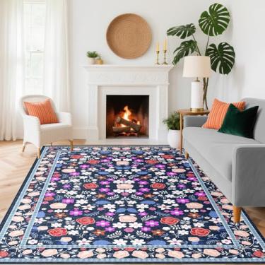 Imagem de Tapetes laváveis de 22 x 30 cm para sala de estar, com suporte antiderrapante e pilha curta, tapete floral vintage para sala de estar, quarto, sala de jantar, hall de entrada