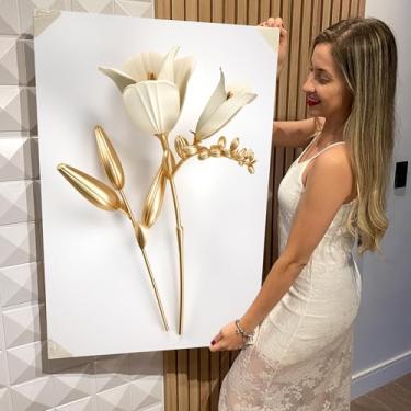 Imagem de Quadro Decorativo Canvas Flores Brancas e Douradas Vertical (CAN1221)