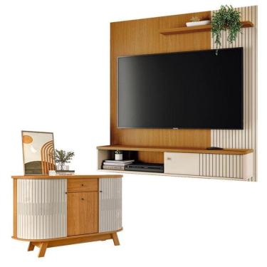 Imagem de Estante Home Theater Suspenso Aurora Com Aparador Buffet Monza Cinamomo Off White - Madetec