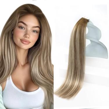 Imagem de Sunny Hair Extensões de cabelo humano real com fita adesiva invisível, extensões de cabelo Remy, fita adesiva para mulheres, raiz marrom média para loiro platinado, balayage 56 cm, 20 peças, 50 g