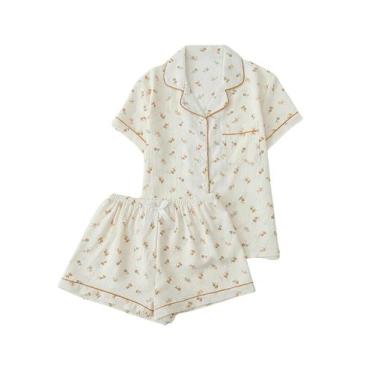 Imagem de Conjunto de pijama SweatyRocks Apricot Floral Poliéster Feminino