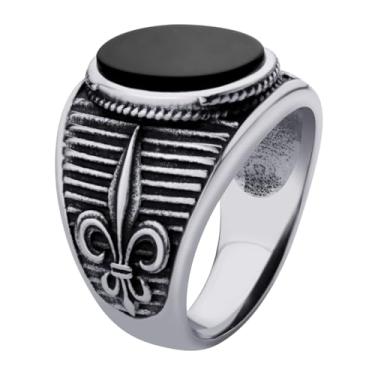Imagem de 555Jewelry Anel masculino de aço inoxidável ônix preto flor de lis anel redondo com sinete grosso para homens, Aço inoxidável, Sem pedra preciosa