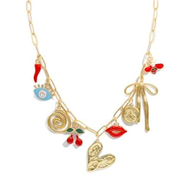 Imagem de JNF Colar com pingente de ouro para mulheres, colar de corrente com clipe de papel, sol, lua, estrela, moeda, coração, flor, bota, boho, laço, berloques, colares, Zinco, Pérola sintética