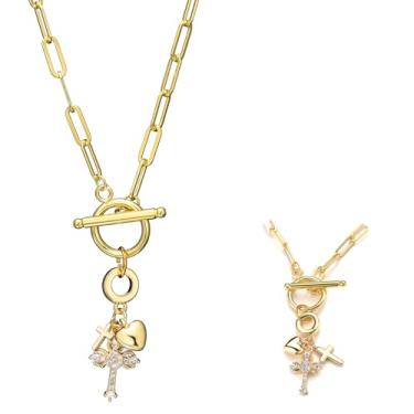 Imagem de Colar feminino com pingente de prata em ouro 14K, cruz, olho turco, coração, virgem maria, girassol, clipe de papel, gargantilha de Natal, aniversário, joias presentes, Large, Bronze, Sem Pedra