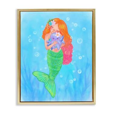 Imagem de Stupell Industries Arte de parede em tela flutuante com moldura dourada Sweet Mermaid Love, design de Stephanie Sanchez, 53 x 43 cm