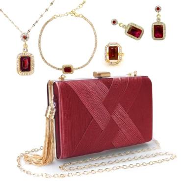 Imagem de 5 peças de bolsas clutch para mulheres, conjunto de joias, bolsa de mão com colar, brincos, anel, pulseira, bolsa de mão vintage para banquete com corrente removível para suprimentos de presente de