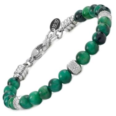 Imagem de 10:10 Pulseira com contas para homens e mulheres – Pedras preciosas de olho de tigre verde natural e aço inoxidável – ajustável, durável e elegante – Feito na Itália