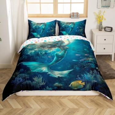 Imagem de Conjunto de capa de edredom de sereia, tamanho Queen, tema de fada princesa marinha e lua reversível (sem edredom), capa de edredom macia com estampa de peixe do oceano azul para dormitório, zíper