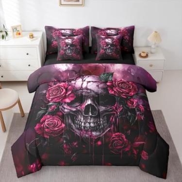 Imagem de Erosebridal Conjunto de cama de 7 peças rosa Halloween crânio rosa flores conjunto de edredom com lençol king size para adultos, homens e mulheres, esqueleto assustador, cama gótica em uma bolsa, rosa