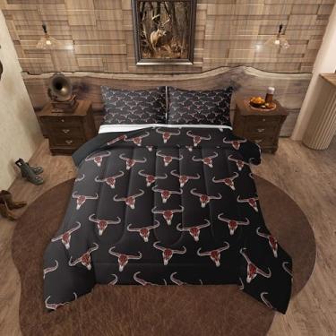 Imagem de Erosebridal Conjunto de edredom Queen étnico boêmio com caveira, tribal, boi, vida selvagem, asteca, decoração de quarto, cabana de fazenda, com 2 fronhas, preto e vermelho