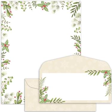 Imagem de Conjunto de 50 papéis timbrados Merry Twigs & Holly com envelopes, papel de papelaria de Natal para cartas, cartas para o Papai Noel, convites de azevinho, escritório, escola, 21 x 28 cm