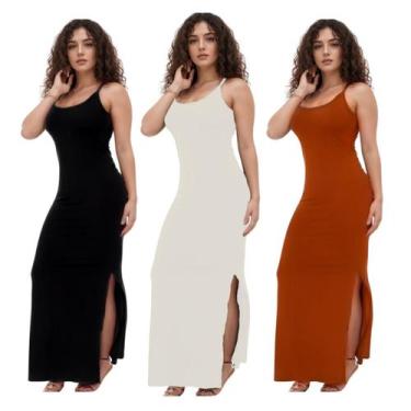 Imagem de KIT C/3 Vestidos Canelado Longo com Fenda - Emporio J, Preto, Branco, 