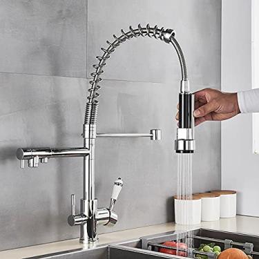 Imagem de RAUGAJ Torneira de níquel escovado torneira de cozinha filtro purificação torneiras de cozinha bico duplo Sppull down torneira misturadora de água quente e fria/tipo cromo