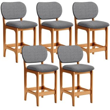 Imagem de Kit 05 Banquetas Baixa Bar Cozinha E Sala De Jantar Fixa Betta L02 Imbuia Linho Cinza Escuro - Lyam Decor