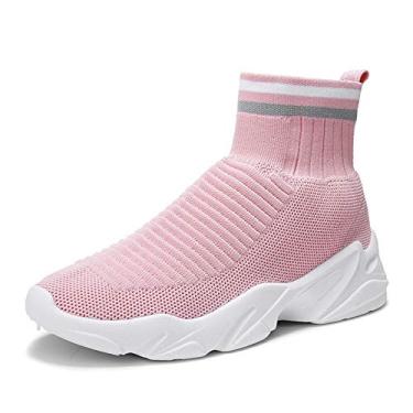 Imagem de Bigfanshu Tênis de cano alto feminino botas esportivas respiráveis sapatos casuais outono botas de tornozelo branco, Rosa, 5