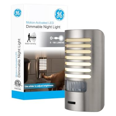 Imagem de GE Luz noturna LED, sensor de movimento, regulável, persiana, níquel escovado, plug-in, certificação UL, luz noturna ideal para quarto, banheiro, cozinha, corredor e muito mais, 67551