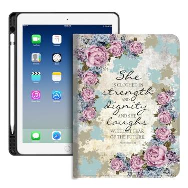 Imagem de Capa compatível com Apple iPad Air de 13 polegadas (M3 2025/M2 2024)/12,9 polegadas (6ª/5ª/4ª/3ª 2022/2021/2020/2018) com suporte de lápis, versículos bíblicos Provérbios 31:25, flor rosa