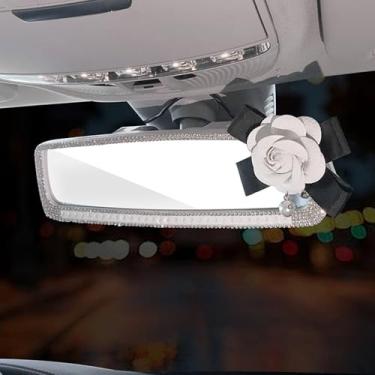 Imagem de Cristal de camélia brilhante 11,6 polegadas HD vidro grande angular espelho retrovisor de carro clipe diamante brilhante acessórios decorativos interiores panorâmicos decoração de carro