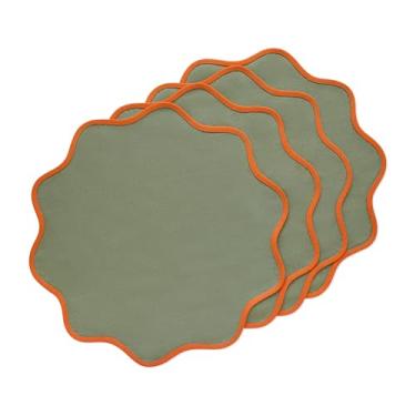 Imagem de Solino Home Jogo americano de linho conjunto de 4-100% linho puro caqui laranja e verde óleo redondo jogo americano de pano redondo 40,6 cm para o outono, Ação de Graças - Giselle Scallop Edge, feito