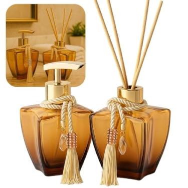 Imagem de Kit Banheiro Vidros Degrade Marrom Porta Sabonete Difusor De Ambiente Luxo (Dourado)