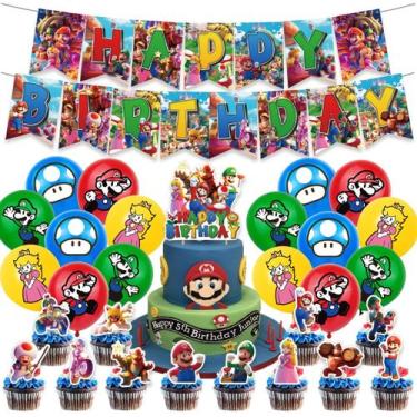Imagem de Conjunto de artigos de festa Mario Birthday com Banner Cake Topper - M