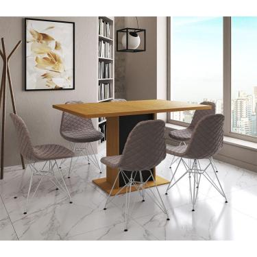 Imagem de Mesa Jantar Londres Retangular Canela 137X90 Base Preta 6 Cadeiras Estofadas Nude Médio Ferro Branco