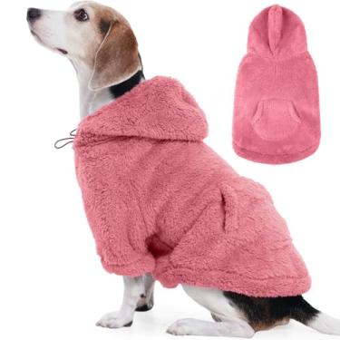 Imagem de IDOMIK Suéter Fuzzy Dog com capuz ajustável, suéter de lã quente para cachorro com orifício e bolso, pulôver para cães grandes, moletom com capuz felpudo para outono, inverno, Natal, rosa, GG