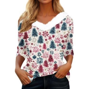 Imagem de Suéter de Natal COTECRAM feminino plus size com decote em V branco