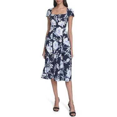 Imagem de Calvin Klein Vestido midi feminino de crepe com manga cavada, Índigo Multi, 46