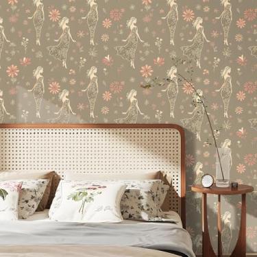 Imagem de Stickyart Papel de parede floral elegante de 44,5 cm x 701 cm, papel de parede floral romântico com silhueta de mulher, autoadesivo, retrô, boêmio, castanho-acinzentado, chique, feminino, papel de