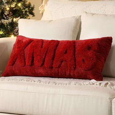 Imagem de Peryiter Capa de almofada vermelha de Natal com letras de Natal bordadas, decoração de Natal 30,5 x 61 cm, retangular, capa de almofada decorativa para casa, sofá, sala de estar