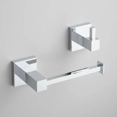 Imagem de Kit Porta Papel Higiênico + Cabide Simples Metal Quadrado -