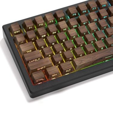 Imagem de dagaladoo Doubleshot Teclas PBT 60 75 100 por cento, teclas marrons brilham, impressão lateral personalizada capas, tampas de teclado de perfil cereja para teclado de máquina (texturas de noz)