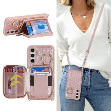 Imagem de Hamany Capa tipo carteira transversal para Galaxy A54 5G, bolsa de mão de couro PU com zíper, capa flip com suporte para cartões, alça de pulso - ouro rosa