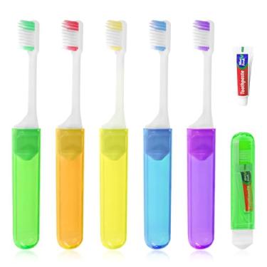 Imagem de Lilingsty Conjunto de viagem para escova de dentes, escova de dentes e pasta de dente, embalado individualmente, inclui estojo de armazenamento, design dobrável, 5 cores, ideal para viagens de