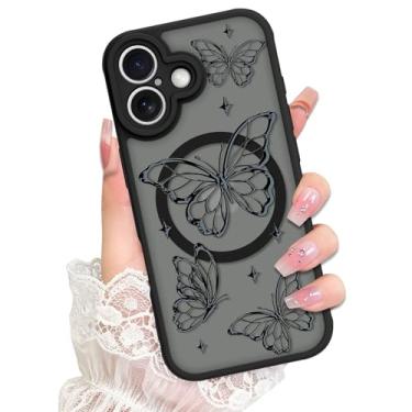 Imagem de Bonoma Capa Mganetic para iPhone 16 [compatível com MagSafe] Linda estampa de borboleta preta para mulheres e meninas capa de TPU macia translúcida fosca fina à prova de choque - preta