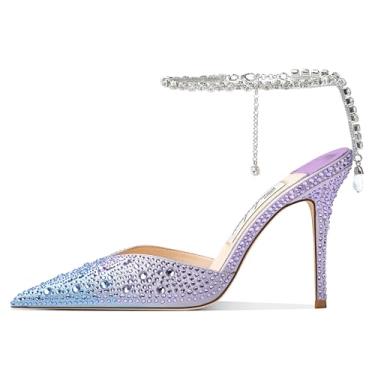 Imagem de Cokvkuu Sandálias femininas de salto alto, corrente de cristal, tiras no tornozelo, fivela de strass, salto alto, stiletto, sem fecho, festa de casamento, sapato social de cetim 9 cm, Roxo, azul, 41