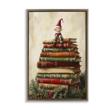 Imagem de Stupell Industries Christmas Elf Bookstack Brown Framed Floater Canvas Wall Art, design by Petal Prints Design, 25 x 17