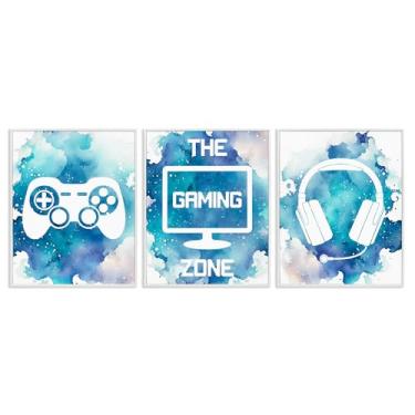 Imagem de Stupell Industries Blue Gamer Splatters Conjunto de arte giclée emoldurado cinza de 3 peças, design por Marcus Prime, 14 x 11
